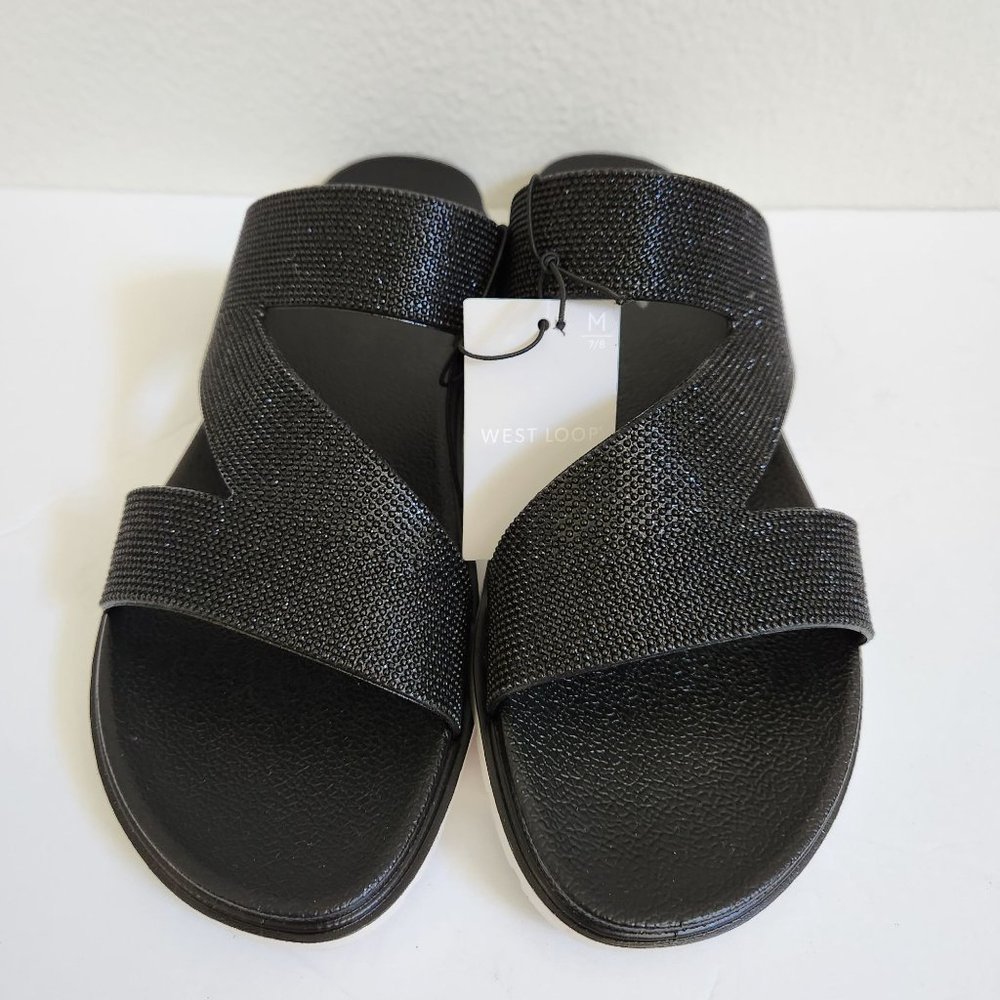 West Loop Women's Casual Slip-on Glitter Slide Sandals, Black - Picture 3 of 9